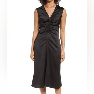 Halogen Cinch Bust Satin Midi Dress, Sleeveless, Deep V-Neckline, Sz XL, EUC!